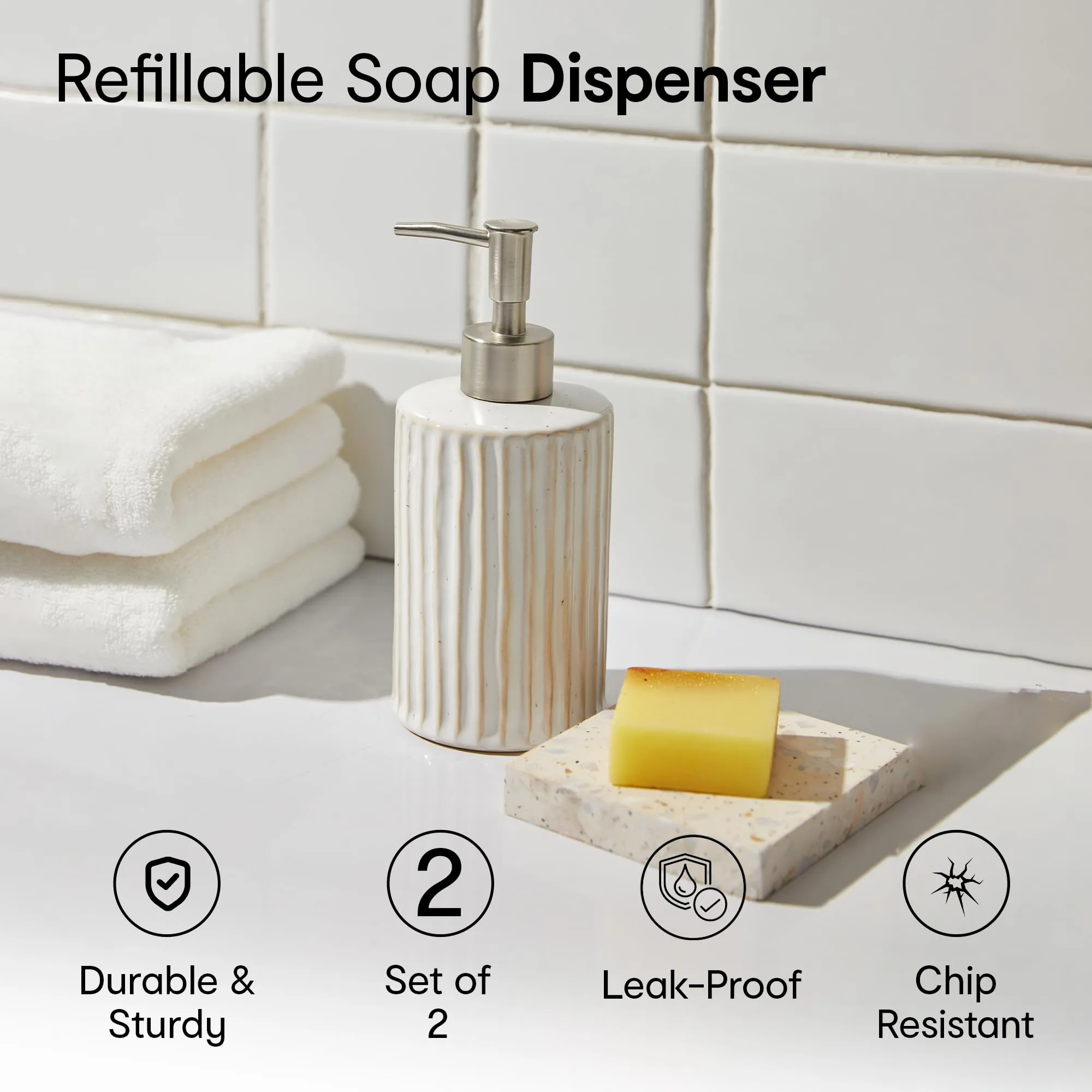 Anko Soap Dispenser Reactive Lined- Set of 2 - Stylish Ceramic Bath Accessory Set | Durable Plastic Sprayer | Natural Finish | 18.5x8.2cm