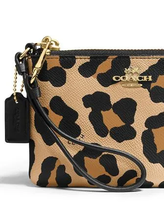 Coach Corner Zip Wristlet in Ocelot Print Grossgrain Leather
