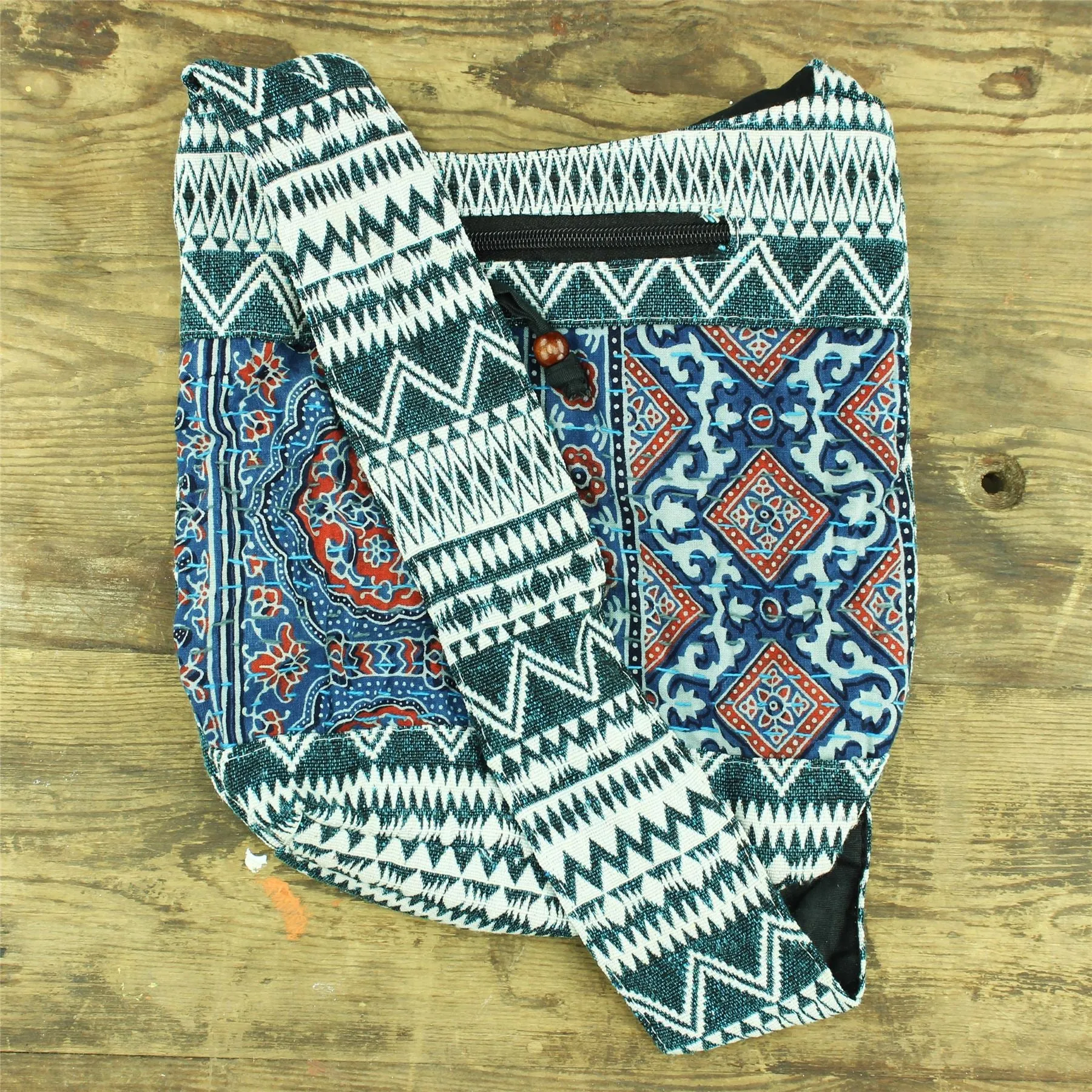 Cotton Canvas Sling Shoulder Bag - Ethnic Turquoise