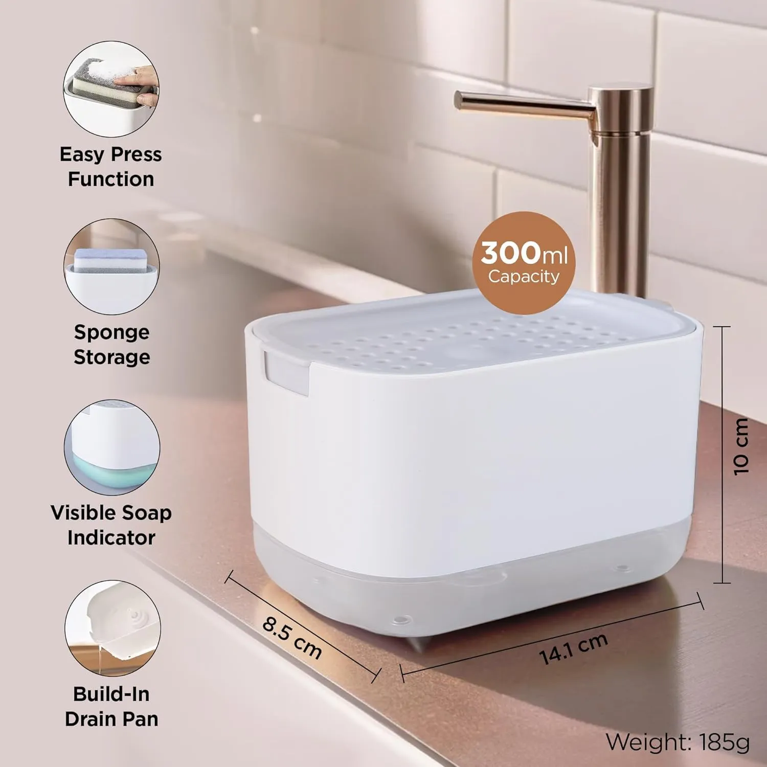 Homestic 2 in 1 Press Soap Dish for Kitchen with Sponger Holder | 300 ml | Hollow Design | Durable & Smooth Body | Soap Dispenser for Bathroom & Kitchen | Dishwashing Liquid Dispenser | White