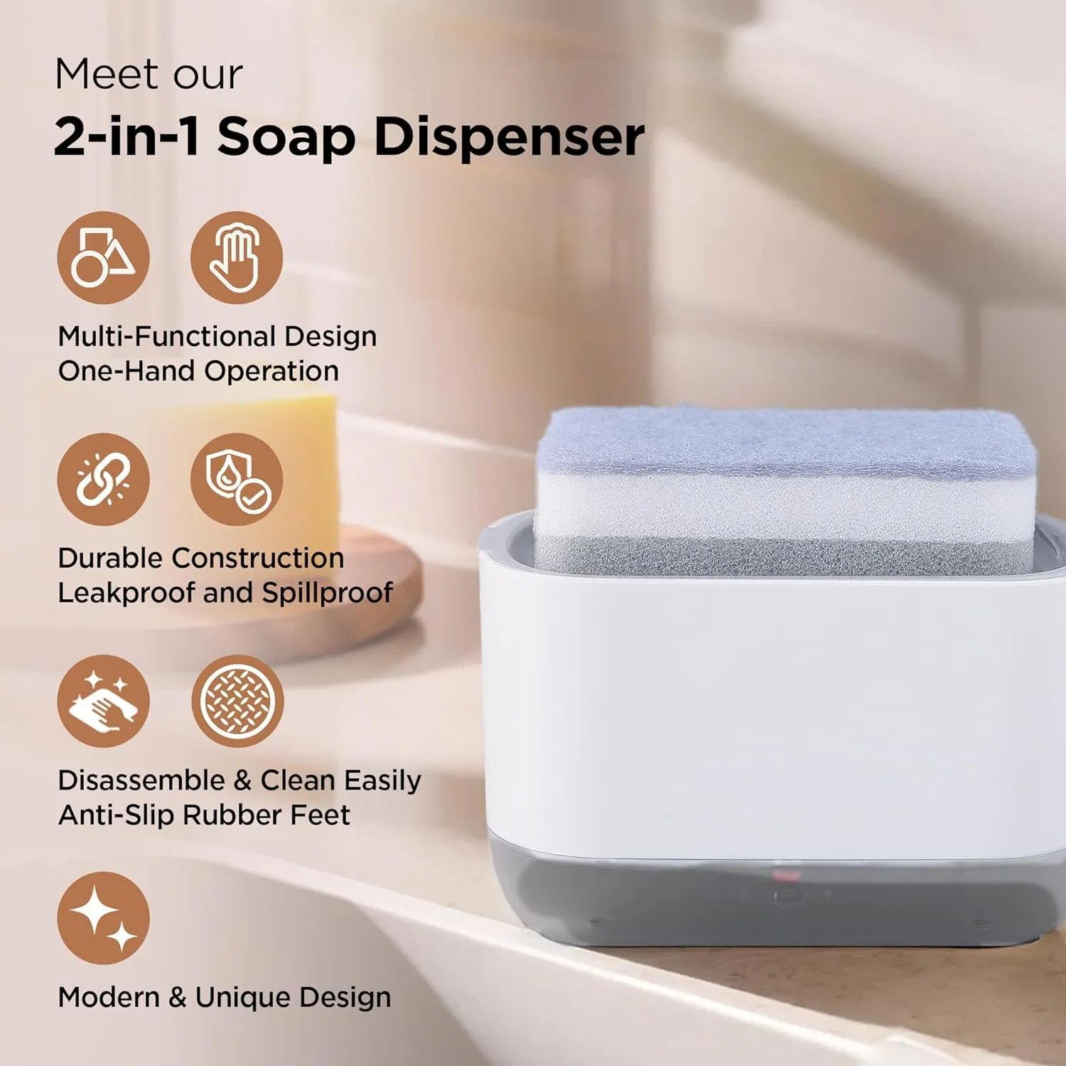 Homestic 2 in 1 Press Soap Dish for Kitchen with Sponger Holder | 300 ml | Hollow Design | Durable & Smooth Body | Soap Dispenser for Bathroom & Kitchen | Dishwashing Liquid Dispenser | White