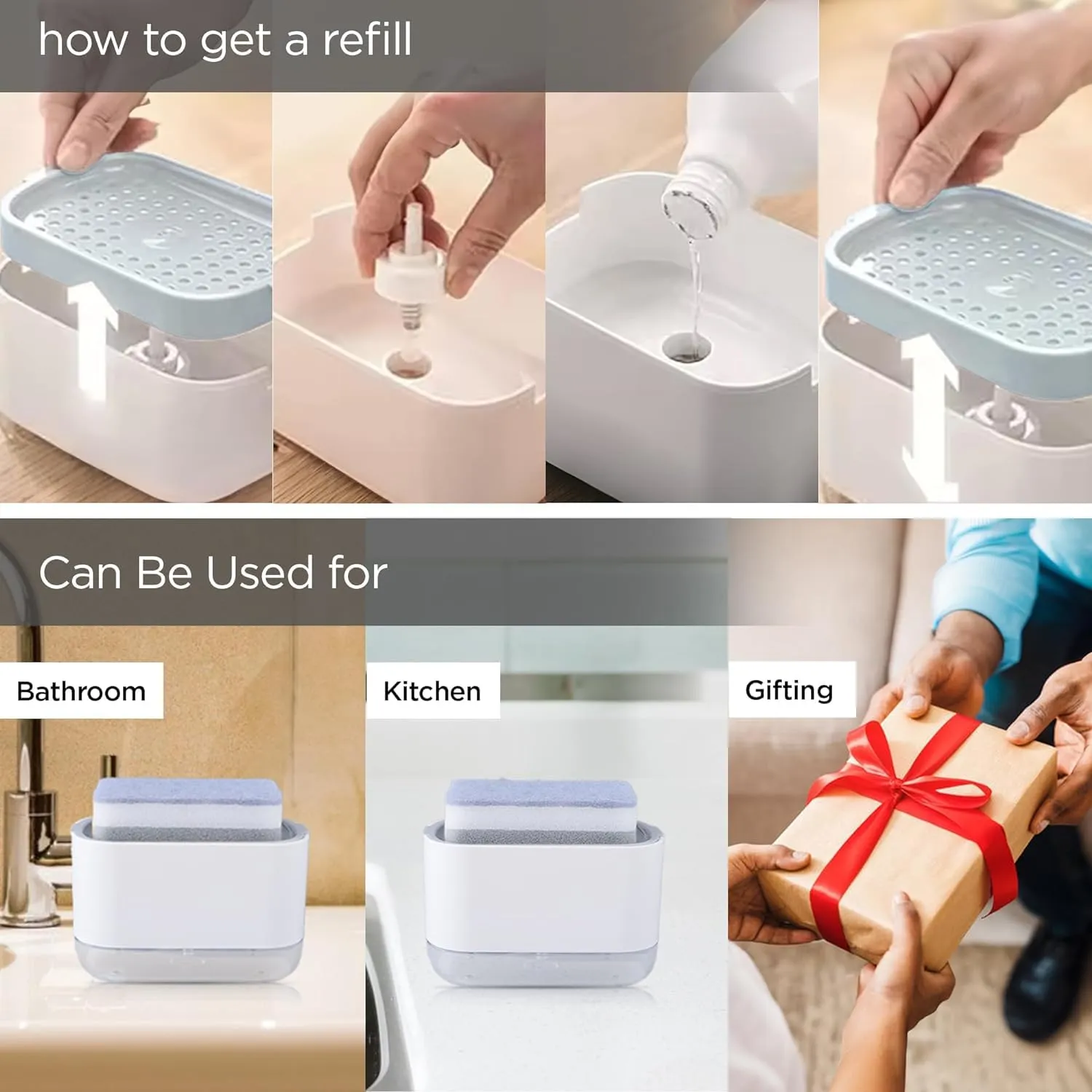 Homestic 2 in 1 Press Soap Dish for Kitchen with Sponger Holder | 300 ml | Hollow Design | Durable & Smooth Body | Soap Dispenser for Bathroom & Kitchen | Dishwashing Liquid Dispenser | White