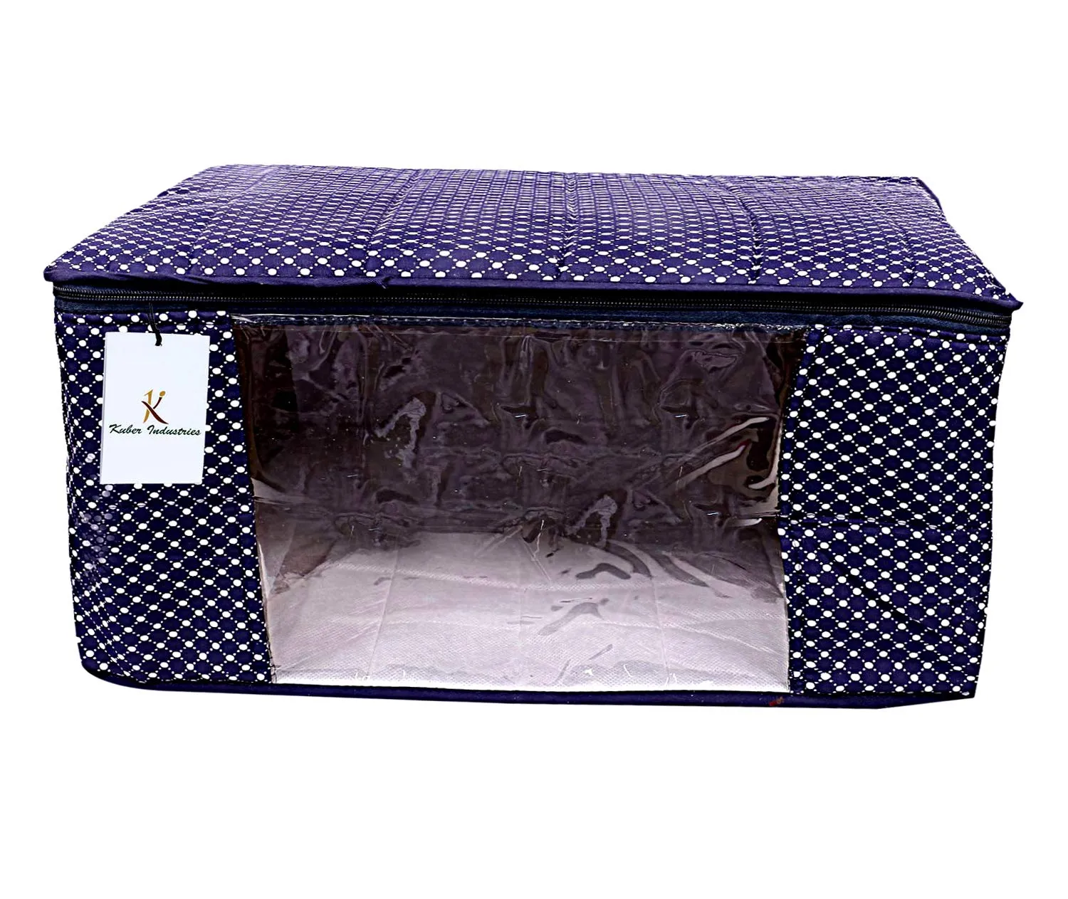 Kuber Industries Polka Dots Hathkadi Print Cotton Saree Cover|Transparent Window & Zipper Closure|Regular Cloth Bag|Wardrobe Organiser Set|Pack of 6 (Dark Blue)