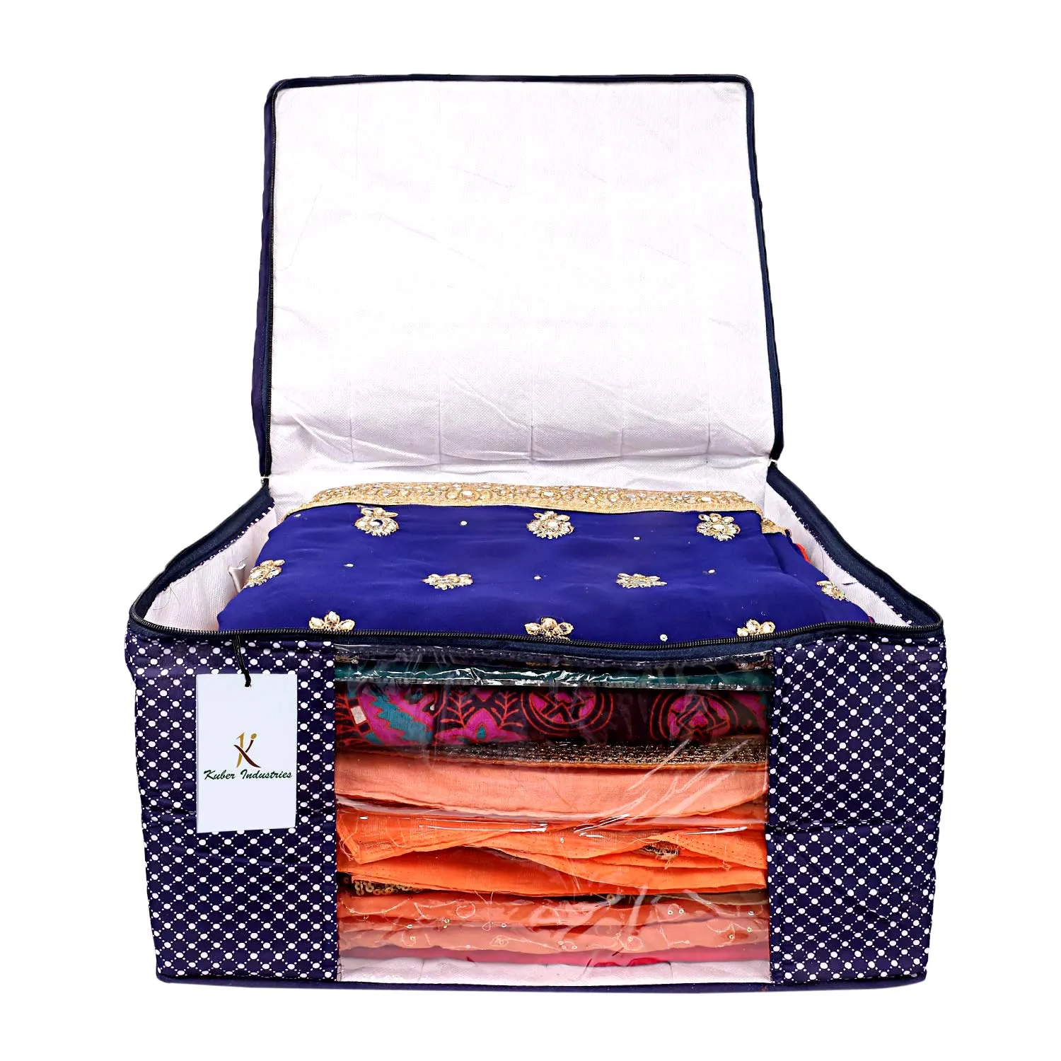 Kuber Industries Polka Dots Hathkadi Print Cotton Saree Cover|Transparent Window & Zipper Closure|Regular Cloth Bag|Wardrobe Organiser Set|Pack of 6 (Dark Blue)