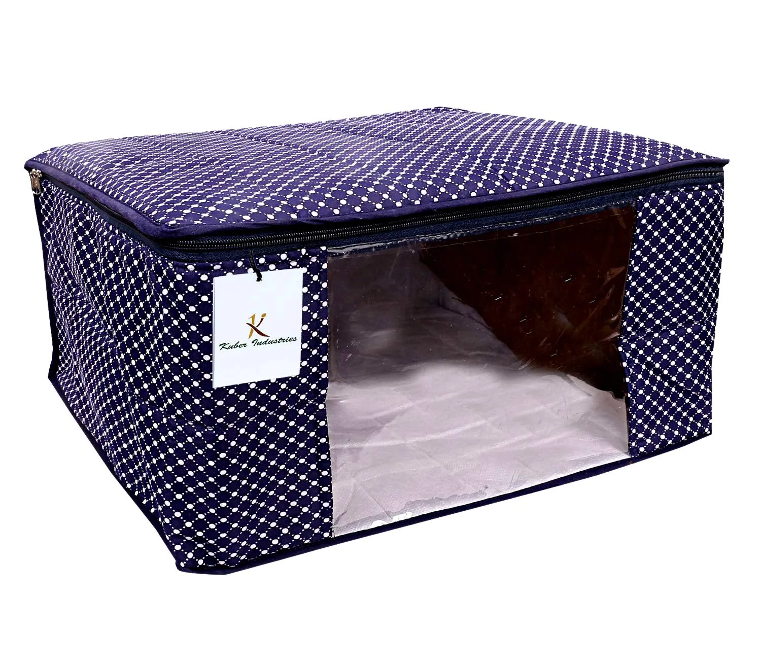 Kuber Industries Polka Dots Hathkadi Print Cotton Saree Cover|Transparent Window & Zipper Closure|Regular Cloth Bag|Wardrobe Organiser Set|Pack of 6 (Dark Blue)