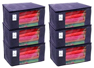 Kuber Industries Polka Dots Hathkadi Print Cotton Saree Cover|Transparent Window & Zipper Closure|Regular Cloth Bag|Wardrobe Organiser Set|Pack of 6 (Dark Blue)
