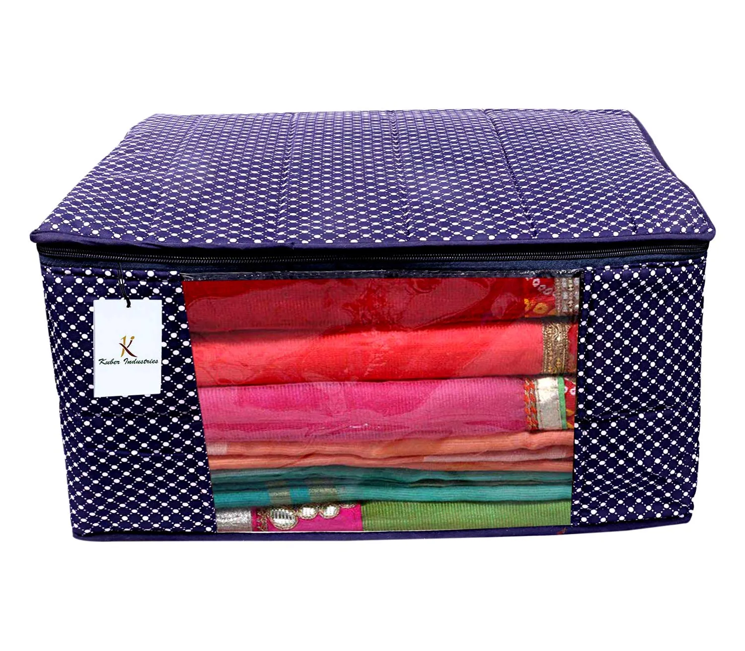 Kuber Industries Polka Dots Hathkadi Print Cotton Saree Cover|Transparent Window & Zipper Closure|Regular Cloth Bag|Wardrobe Organiser Set|Pack of 6 (Dark Blue)