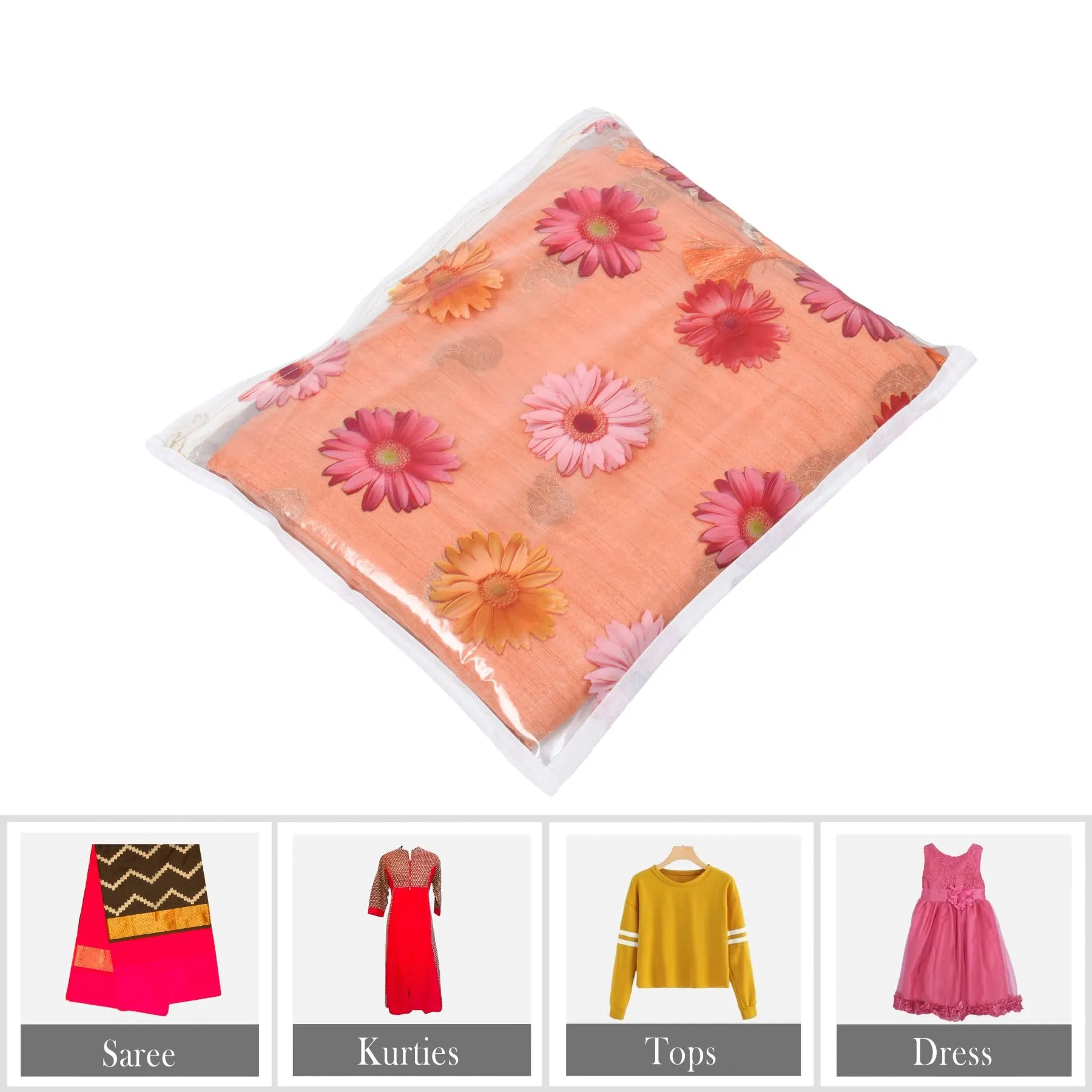 Kuber Industries Saree Cover | Clothes Storage Bag | Single Packing Saree with Zip Closure | Wardrobe Organizer | Cloth Storage Organizer | Flower Design | Pack of 12 | Assorted
