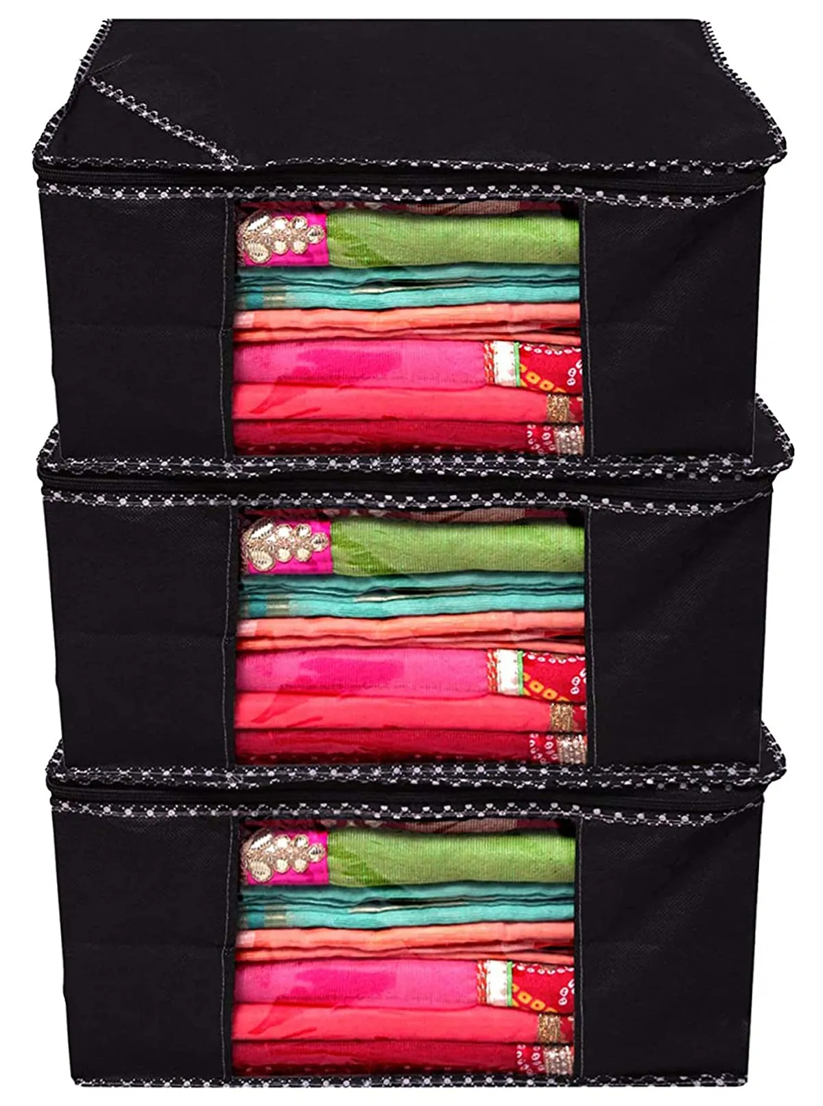 Kuber Industries Single Saree Covers With Zip|Saree Packing Covers For Wedding|Saree Cover Set Of 3 (Black)