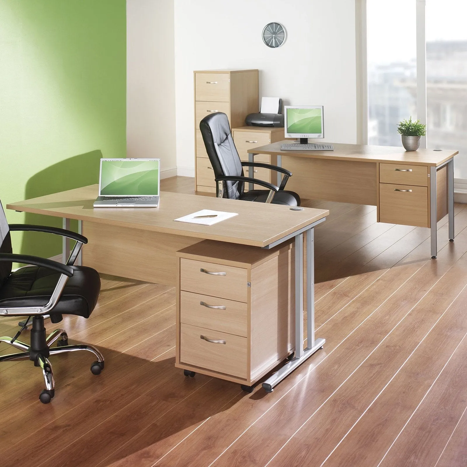 Maestro 25 cantilever leg straight desk with 3 drawer pedestal
