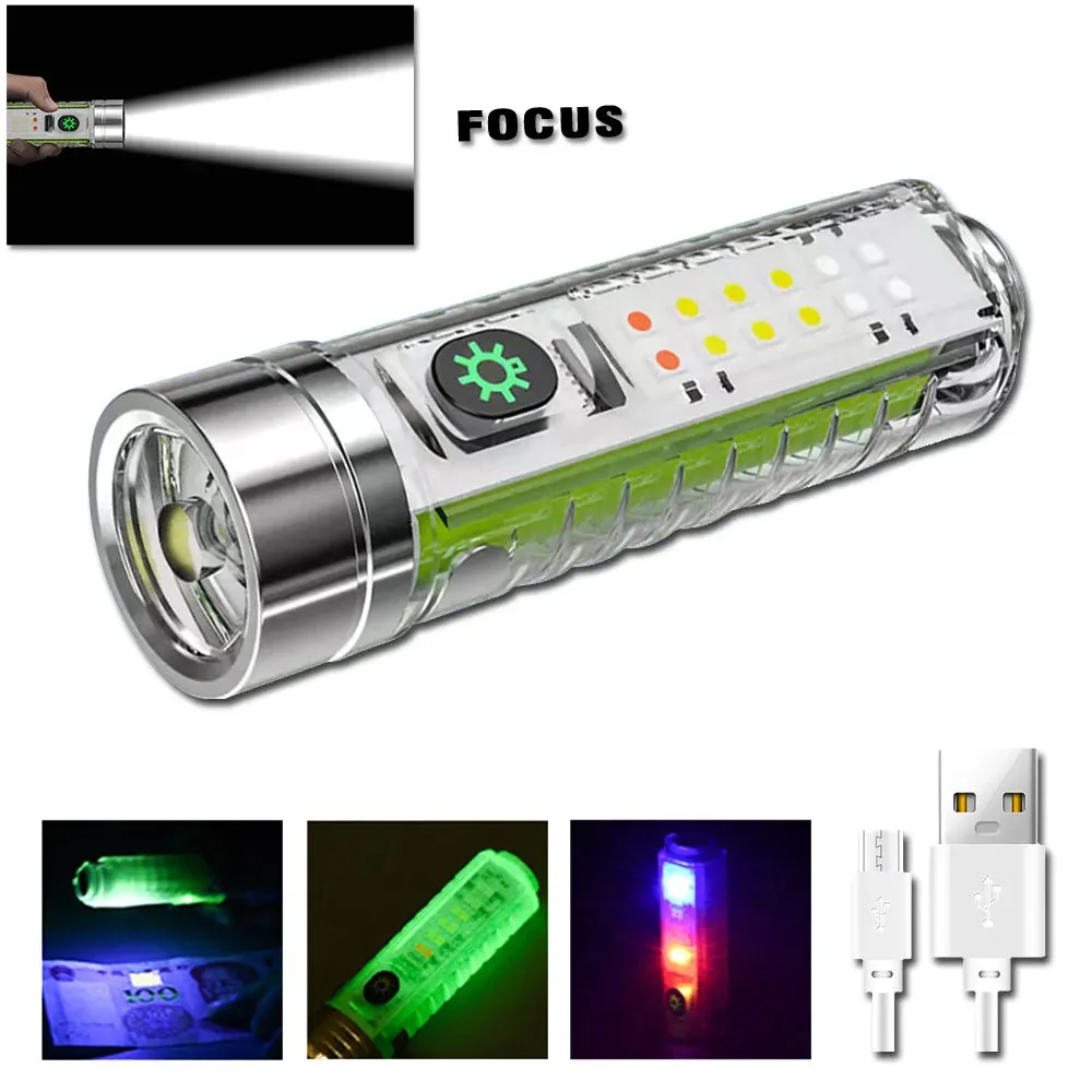 MINI Keychain Flashlight USB C Rechargeable LED Lampwith Magnet Camping UV Light Multifunction Portable Lights