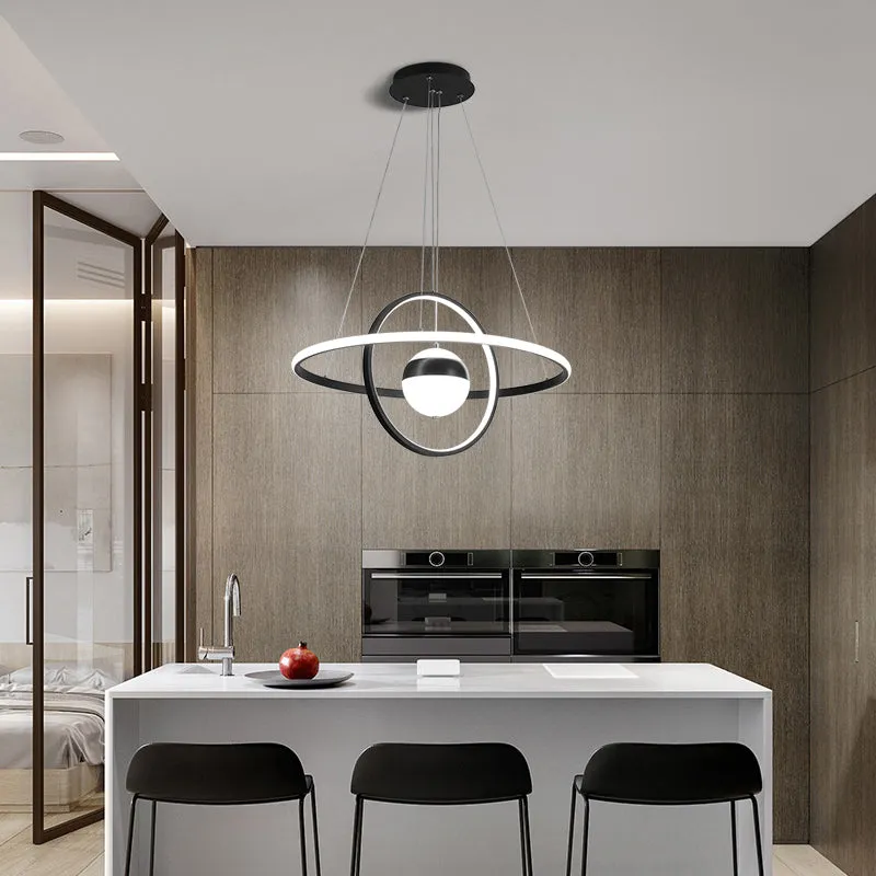 Minimalistic Black Acrylic Chandelier Pendant Light - Ball and Ring Shaped - Over Table