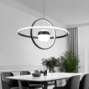 Minimalistic Black Acrylic Chandelier Pendant Light - Ball and Ring Shaped - Over Table