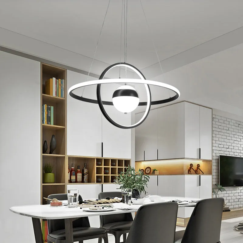 Minimalistic Black Acrylic Chandelier Pendant Light - Ball and Ring Shaped - Over Table