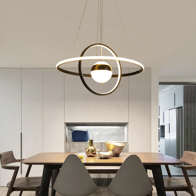 Minimalistic Black Acrylic Chandelier Pendant Light - Ball and Ring Shaped - Over Table