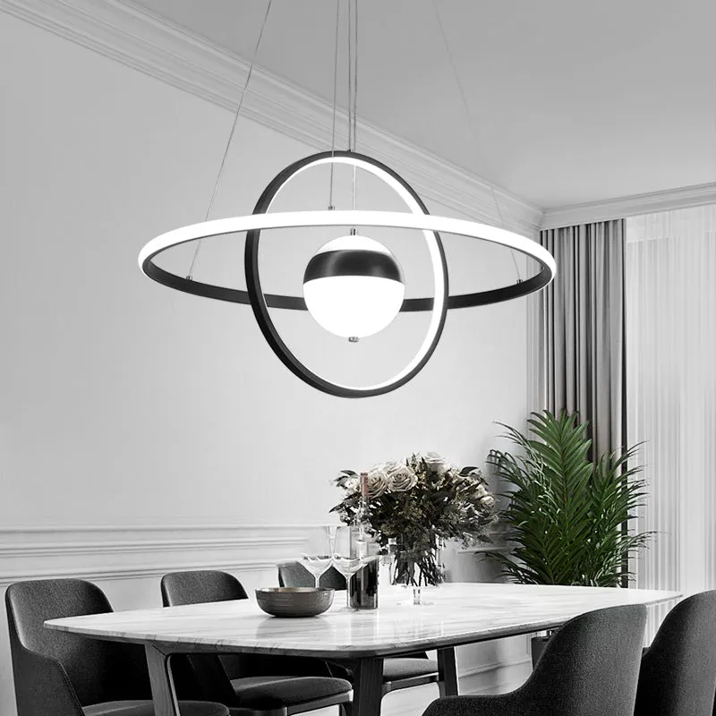 Minimalistic Black Acrylic Chandelier Pendant Light - Ball and Ring Shaped - Over Table