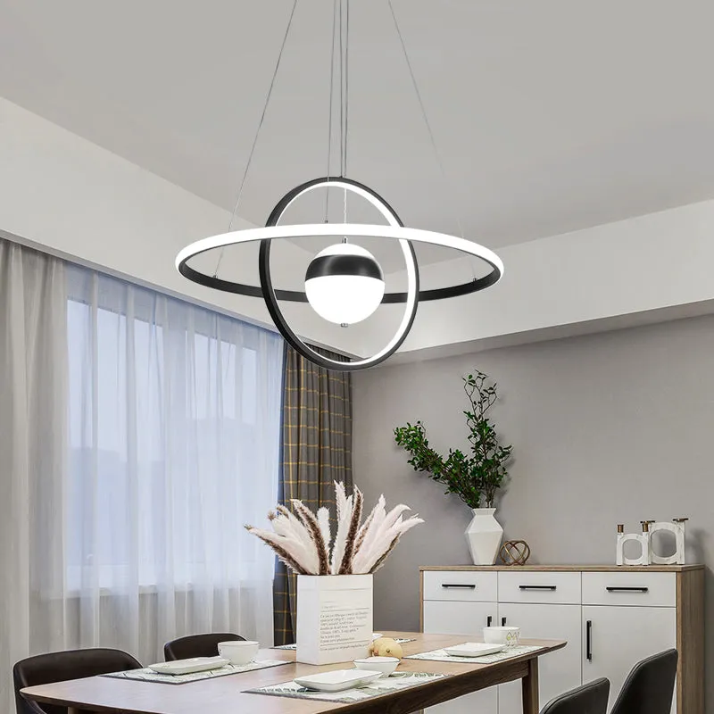 Minimalistic Black Acrylic Chandelier Pendant Light - Ball and Ring Shaped - Over Table