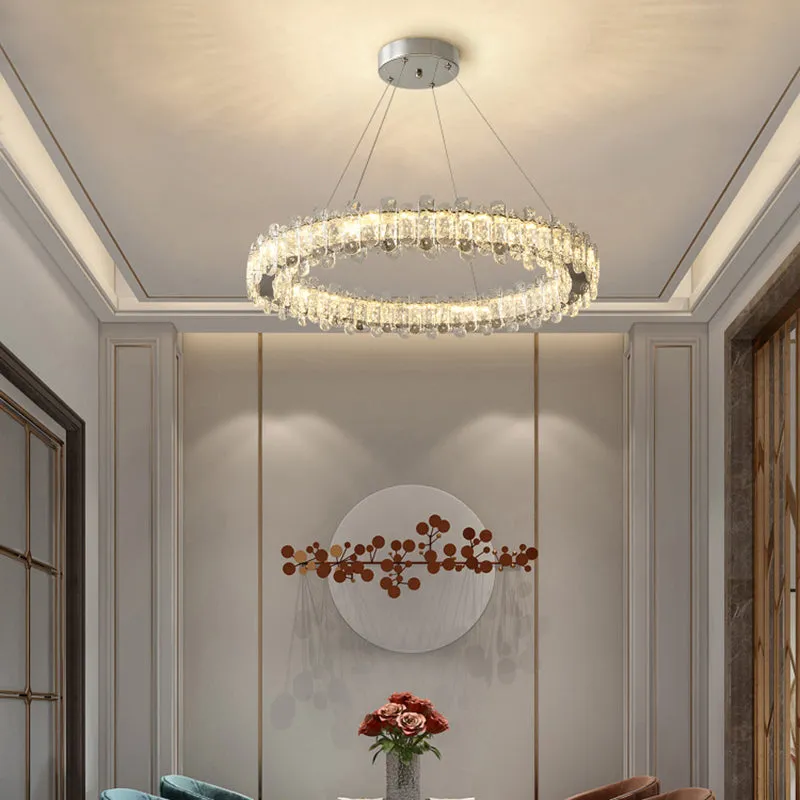 Modern K9 Crystal Ring LED Chandelier Pendant Light in Chrome Finish