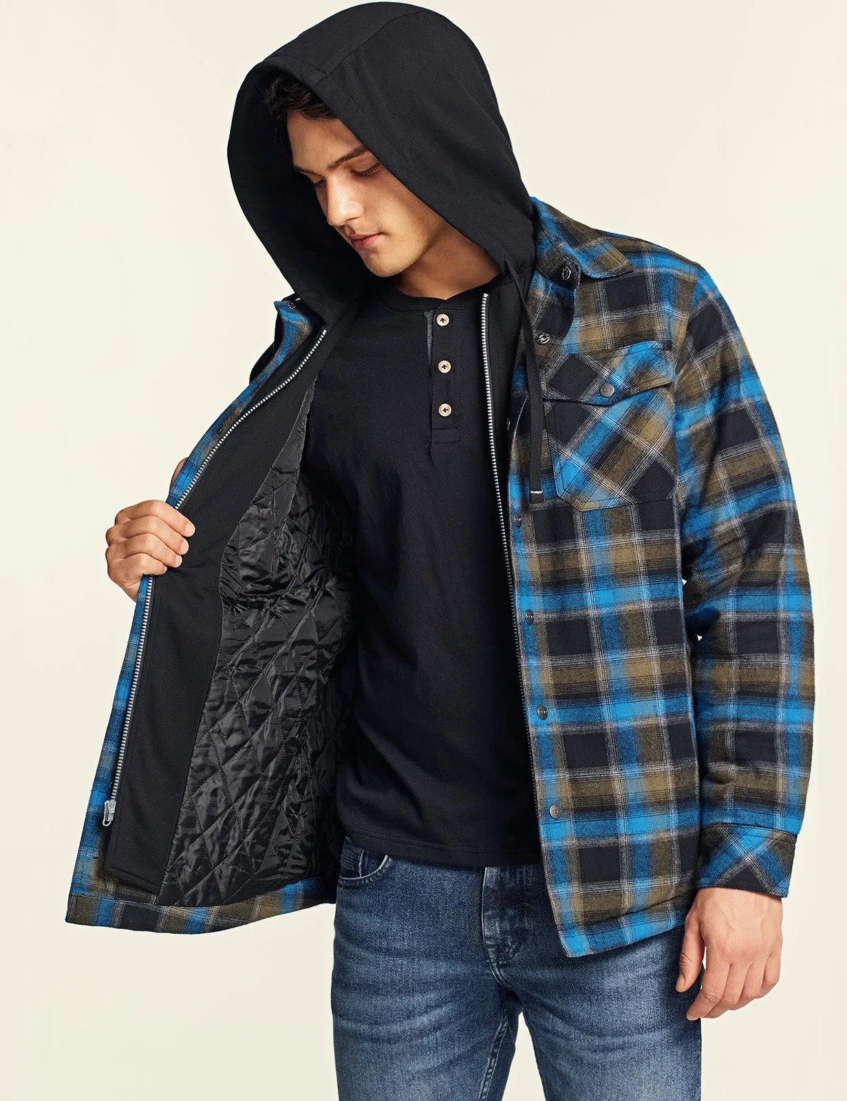 Quilted Lined Flannel Hooded Shirt Jacket with Zipper [HOK740]