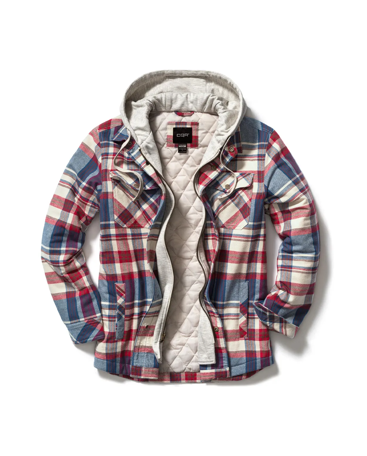 Quilted Lined Flannel Hooded Shirt Jacket with Zipper [HOK740]