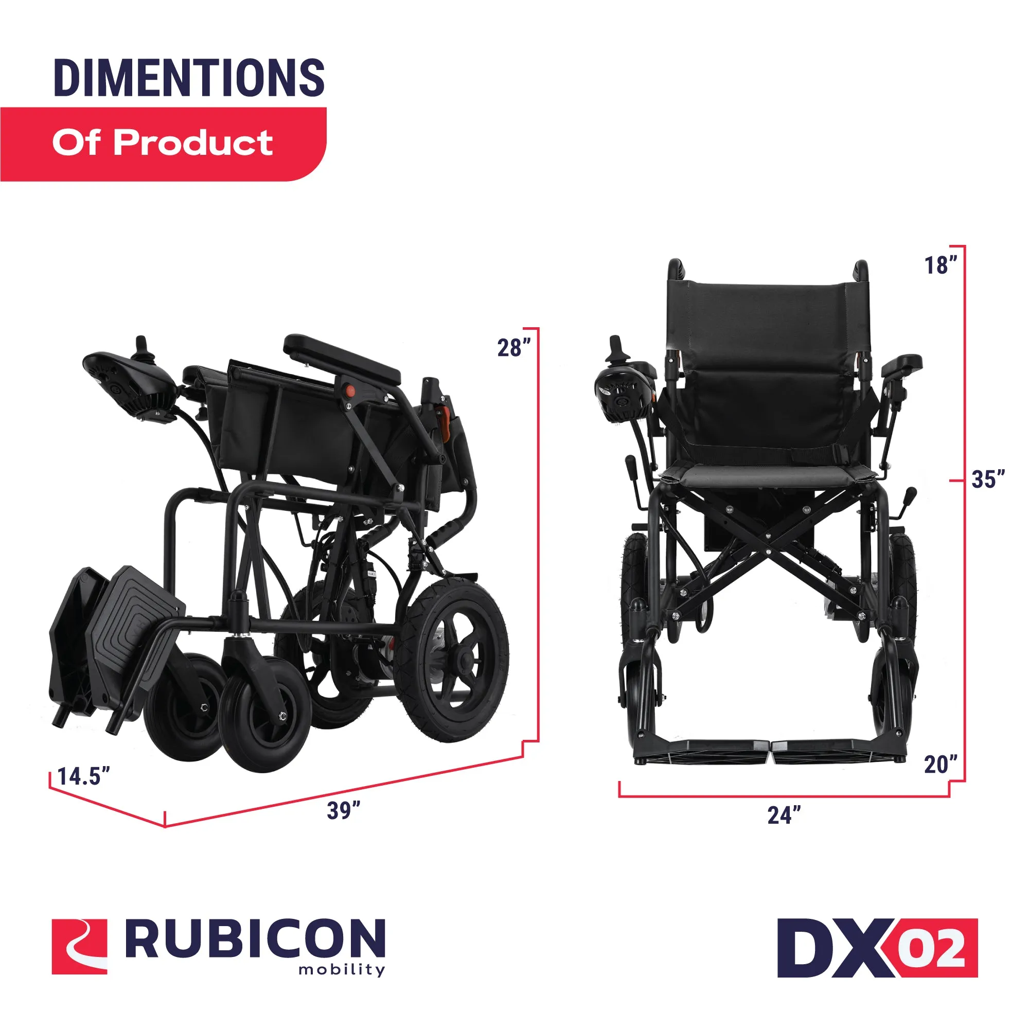 Rubicon DX02 - Affordable, Lightweight & Powerful Electric Wheelchair: Foldable, Portable & Airline-Approved for Travel | Economical Power Wheelchair