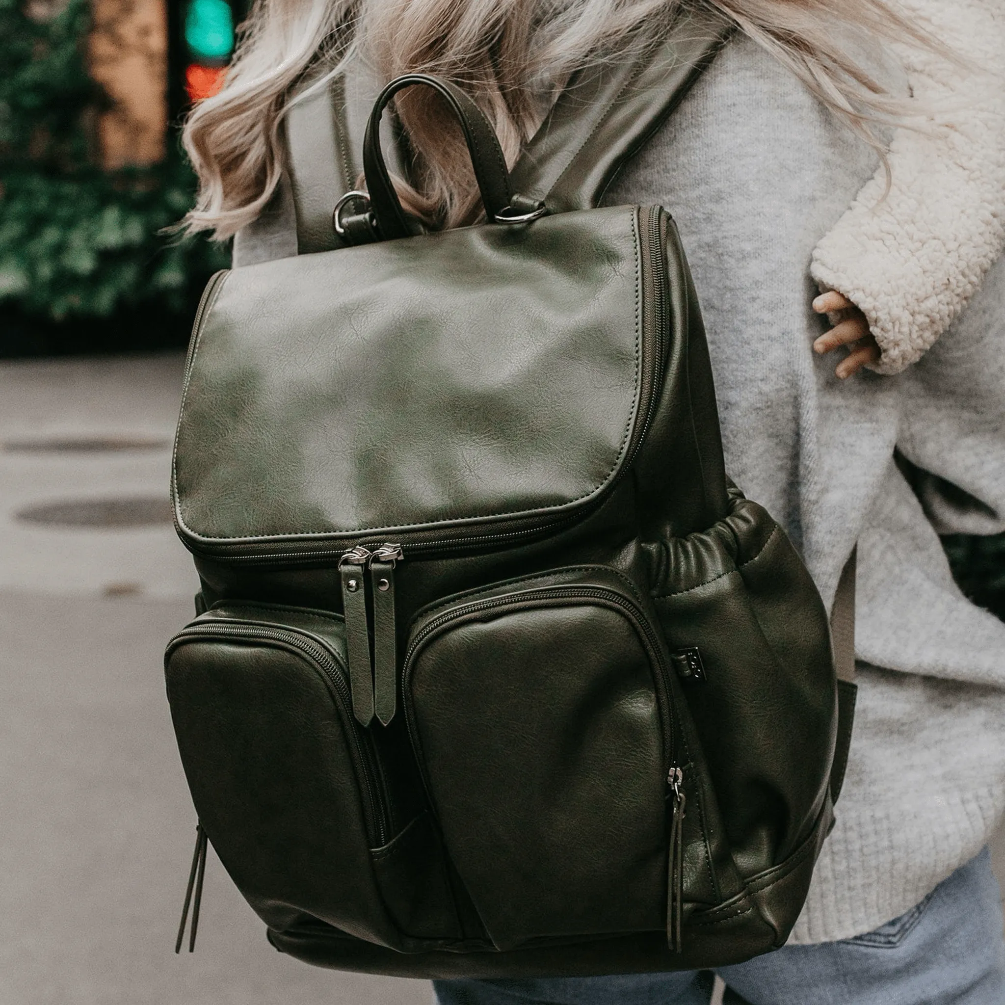 Signature Nappy Backpack - Olive Vegan Leather