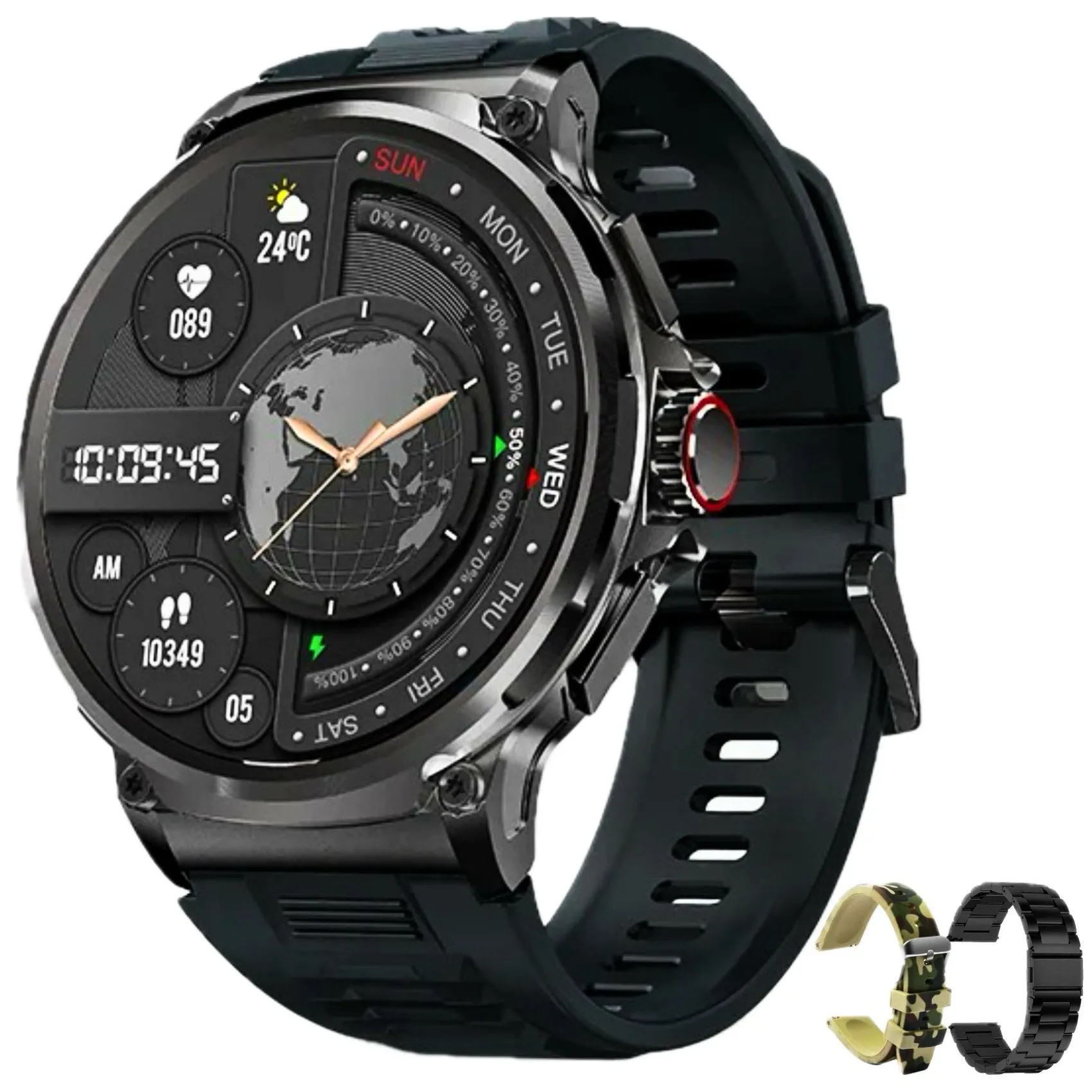 TUTT V69 | Metal Case| Men Military Smart Watch HD 1.85'' Large Round Screen 710mah Battery Pedometer Sleep Monitoring Sport Activity Outdoor Rugged SmartWatch Three (3) Straps